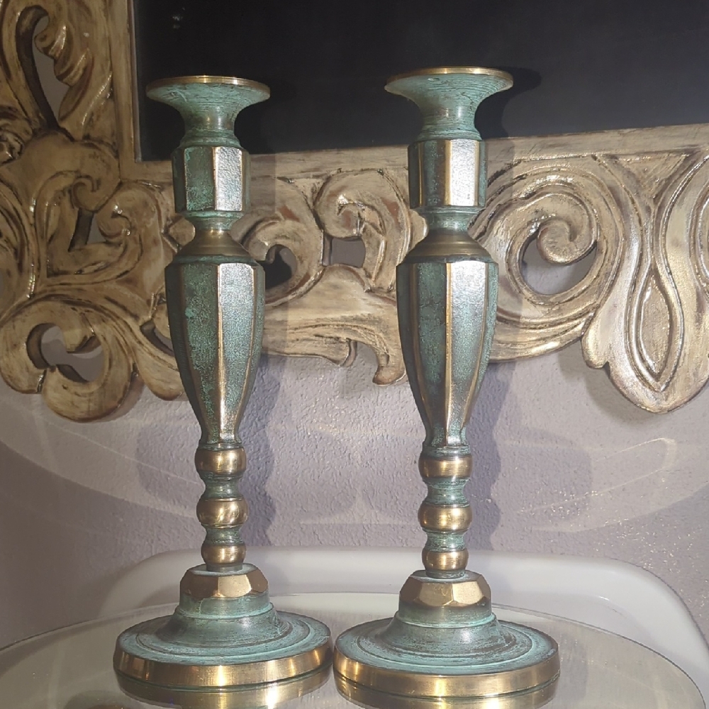 Elegant Bronze and Green Candlestick Holders